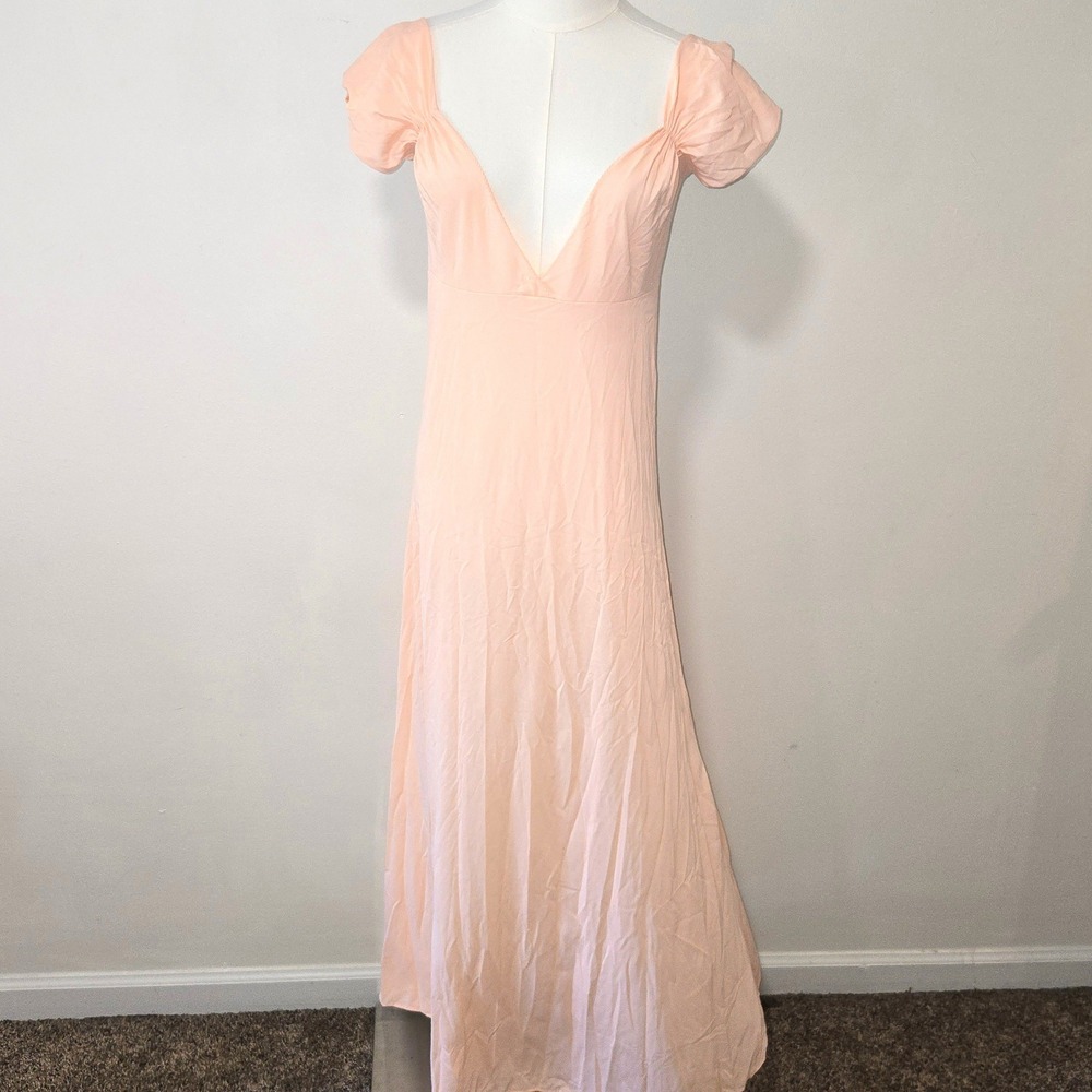 Nightgown Dress Womens M Peach Vintage V-Neck Cap Sleeve Maxi Ribbed Nylon